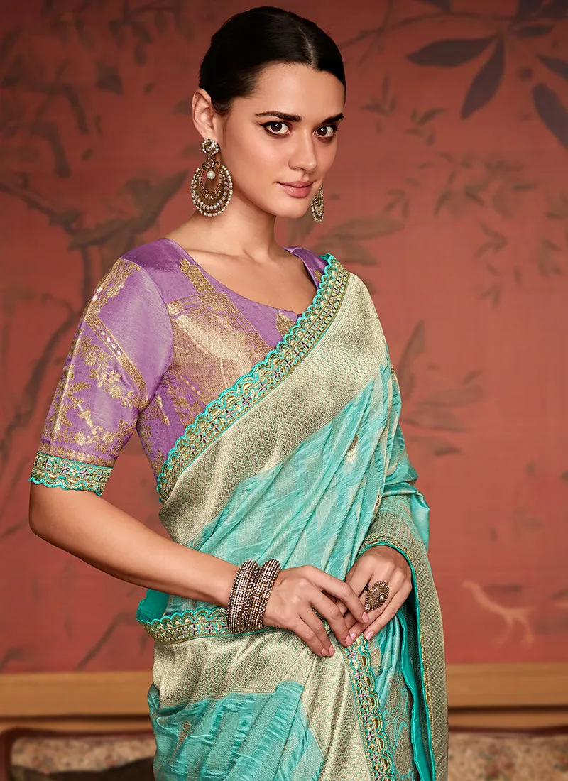 Sky Blue And Purple Weaved Pure Dola Silk Saree