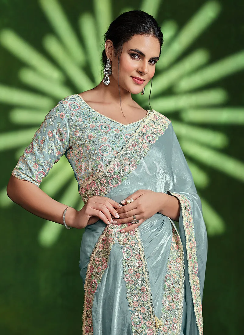 Sky Blue Multi Embroidery Premium Silk Saree