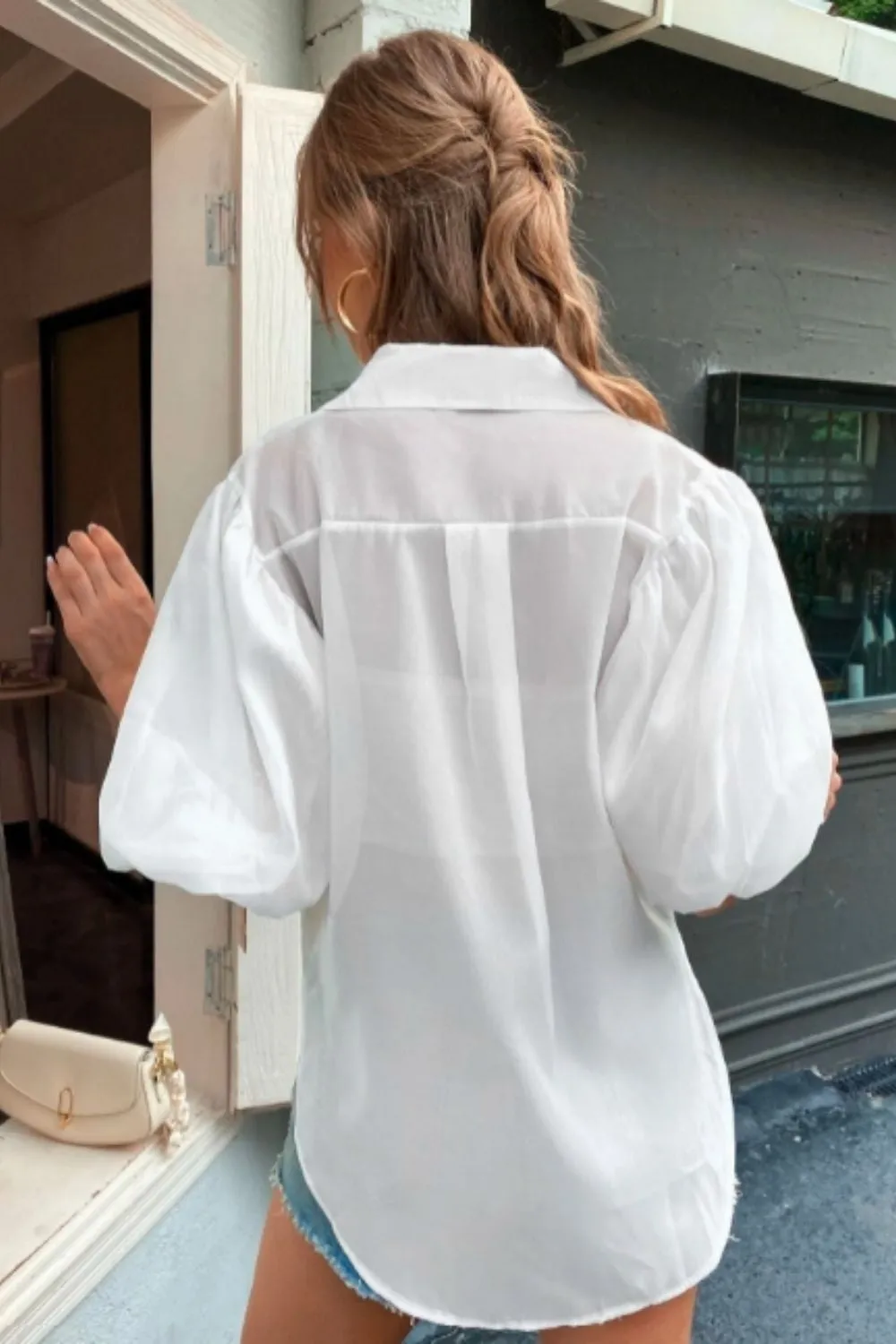 Solid Button Through Bishop Sleeve Blouse