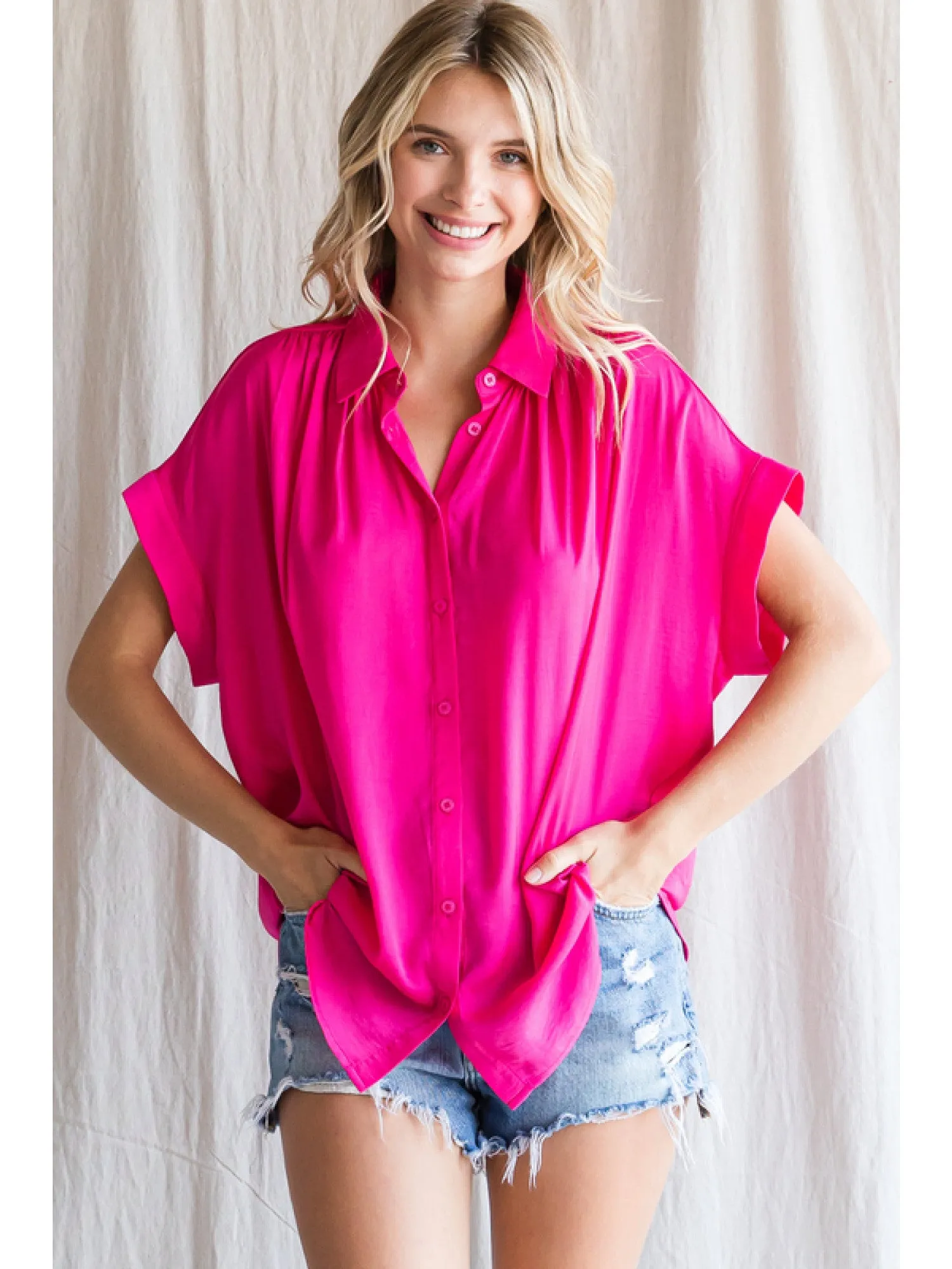 Solid Short Sleeve Collar Blouse