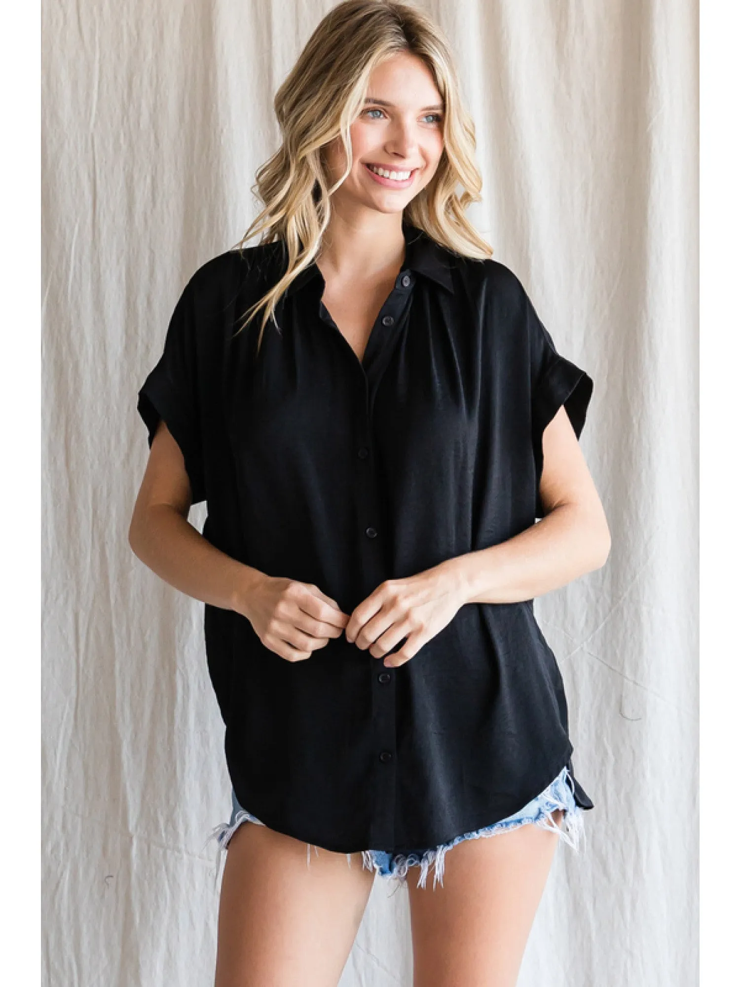 Solid Short Sleeve Collar Blouse