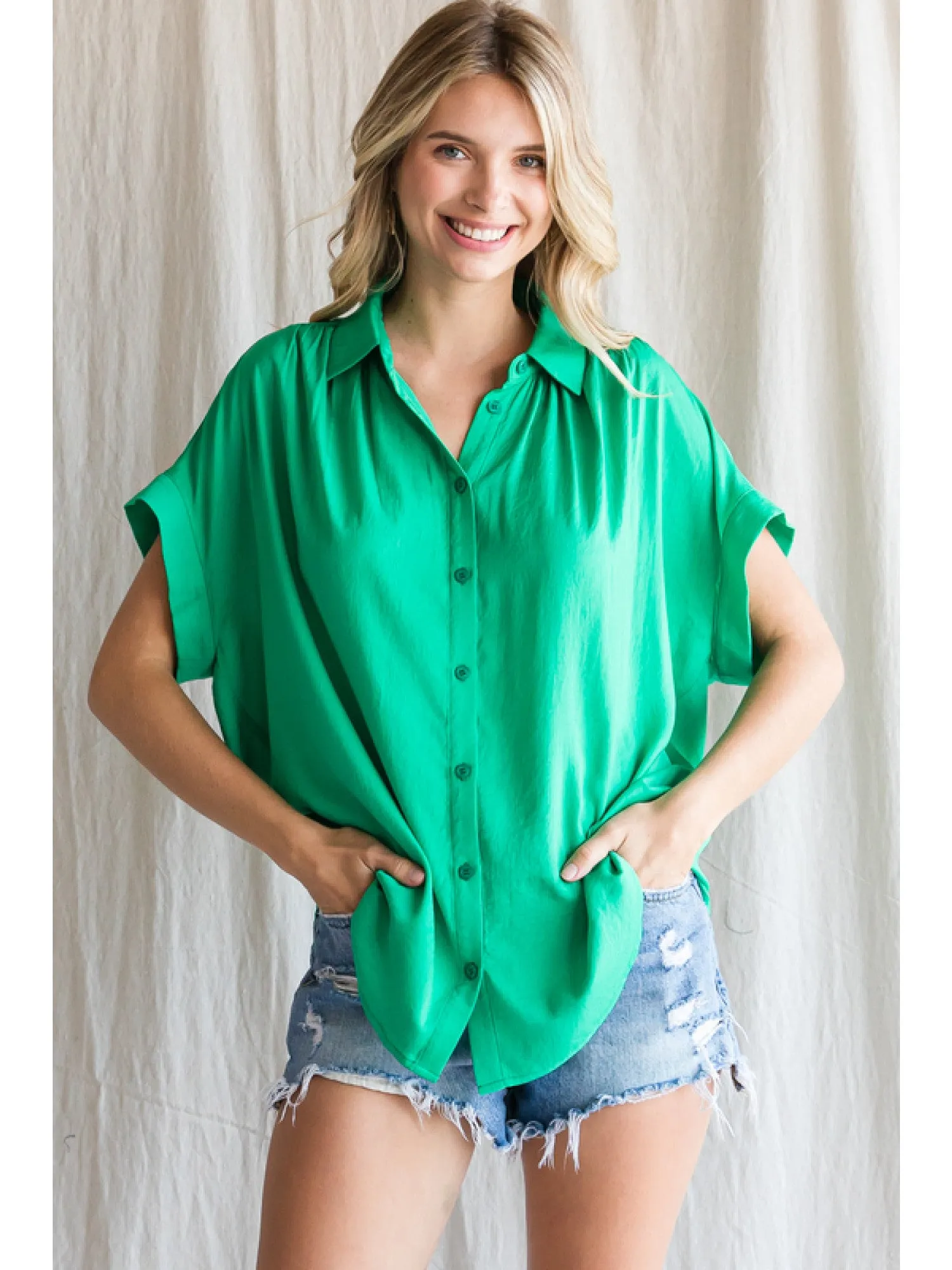 Solid Short Sleeve Collar Blouse