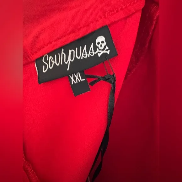 Sourpuss red pencil skirt with black buttons details size XXL