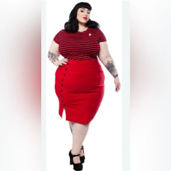 Sourpuss red pencil skirt with black buttons details size XXL