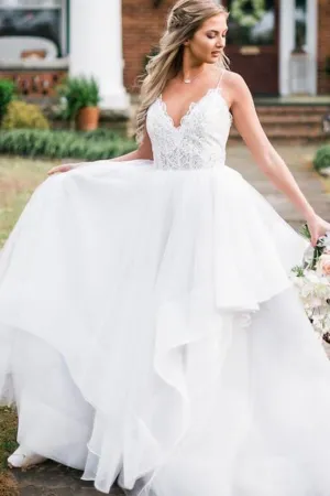 Spaghetti Straps Tulle Bride Dresses with Lace Bodice