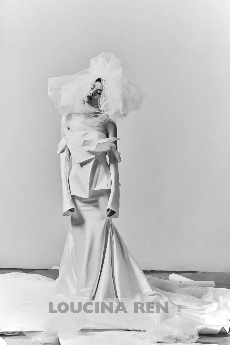 Strapless Long Sleeve Sheath Satin Wedding Dress-LR_700001