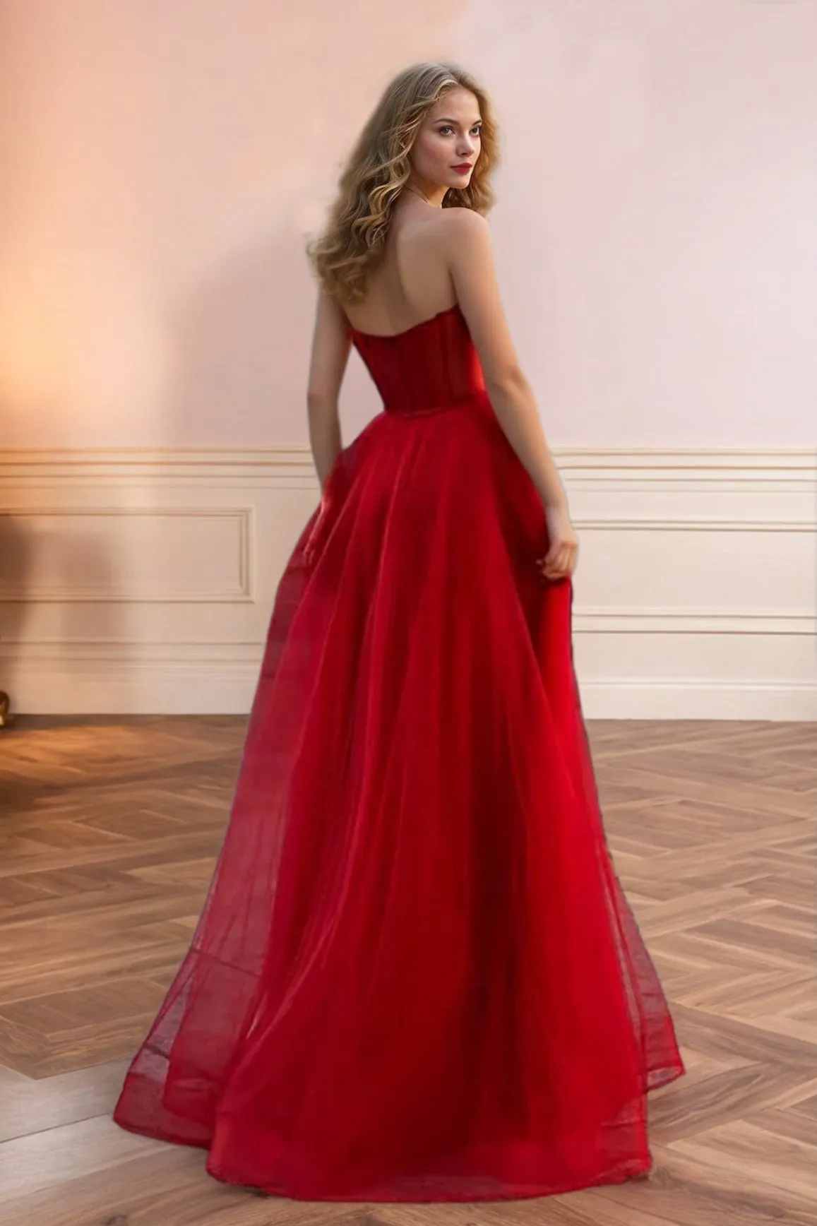 Strapless Slit Red A Line Floor Length Tulle Prom Dress
