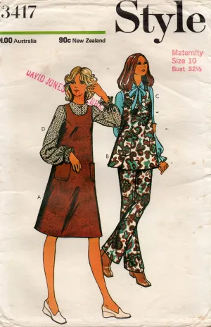 Style 3417 Womens Maternity Pinafore Tunic Blouse & Pants 1970s Vintage Sewing Pattern Size 10 Bust 32.5 inches
