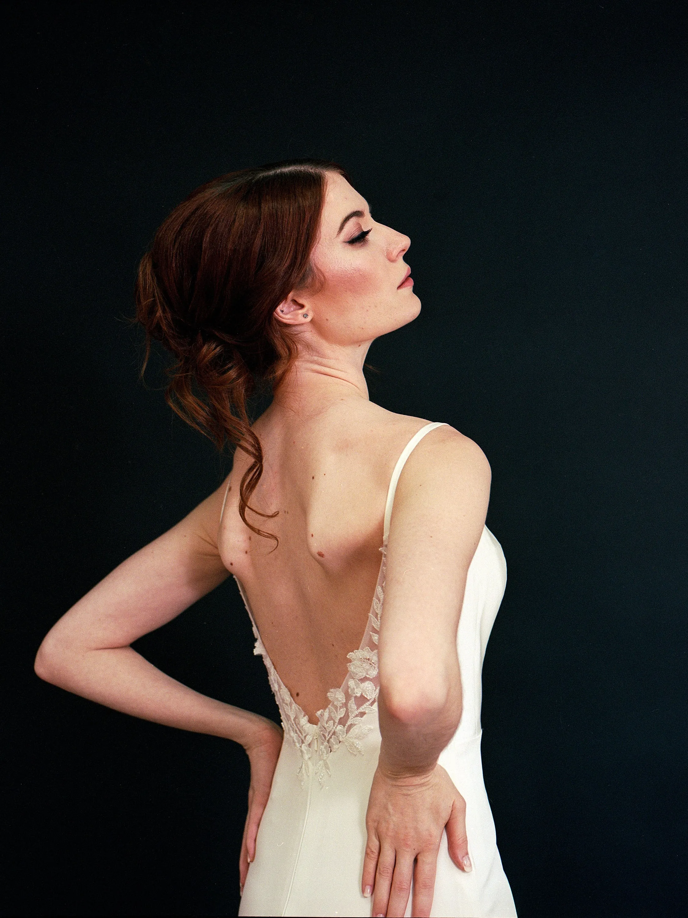 Style D2411 -Modern Spaghetti Strap twig Lace sheer back Low Back fit and flare crepe Wedding dress
