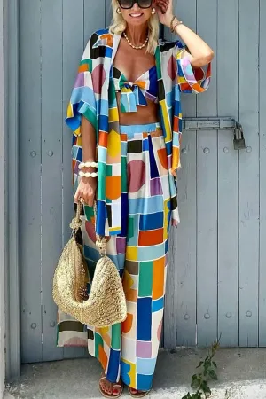 Summer Colors Printed Kimono   Knotted Tank   Elastic Waist Pocket Three-pieces Pants Set