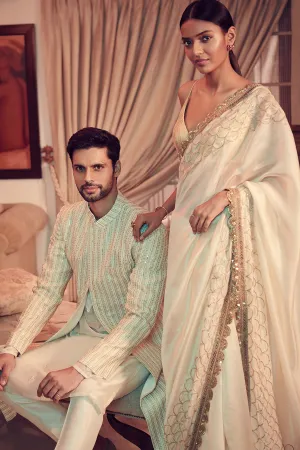 SUNEHRI Ivory Pitta Saree & Blouse