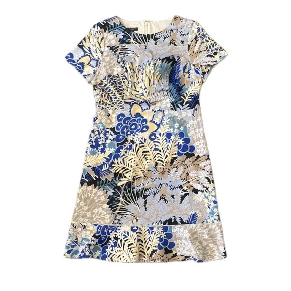 Talbots Botanical Floral Blue Multi Flounce Hem Short Sleeve Sateen Sheath 14