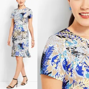 Talbots Botanical Floral Blue Multi Flounce Hem Short Sleeve Sateen Sheath 14