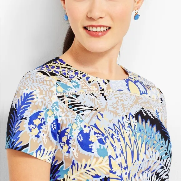 Talbots Botanical Floral Blue Multi Flounce Hem Short Sleeve Sateen Sheath 14