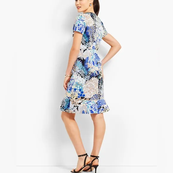 Talbots Botanical Floral Blue Multi Flounce Hem Short Sleeve Sateen Sheath 14