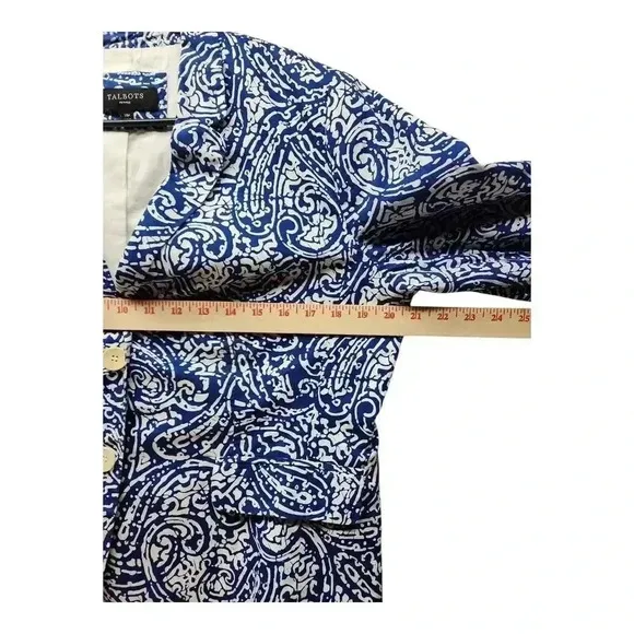 TALBOTS  Siz 14P White Blue Paisley Batik Print Lightweight Summer Blazer Jacket