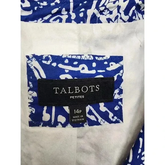 TALBOTS  Siz 14P White Blue Paisley Batik Print Lightweight Summer Blazer Jacket