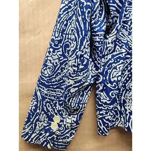 TALBOTS  Siz 14P White Blue Paisley Batik Print Lightweight Summer Blazer Jacket