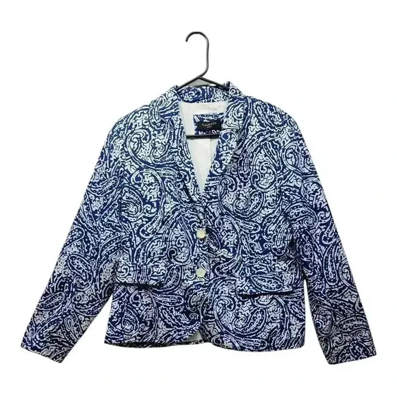 TALBOTS  Siz 14P White Blue Paisley Batik Print Lightweight Summer Blazer Jacket
