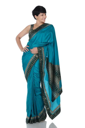 TEAL BLUE SAREE WITH IKAT BORDER