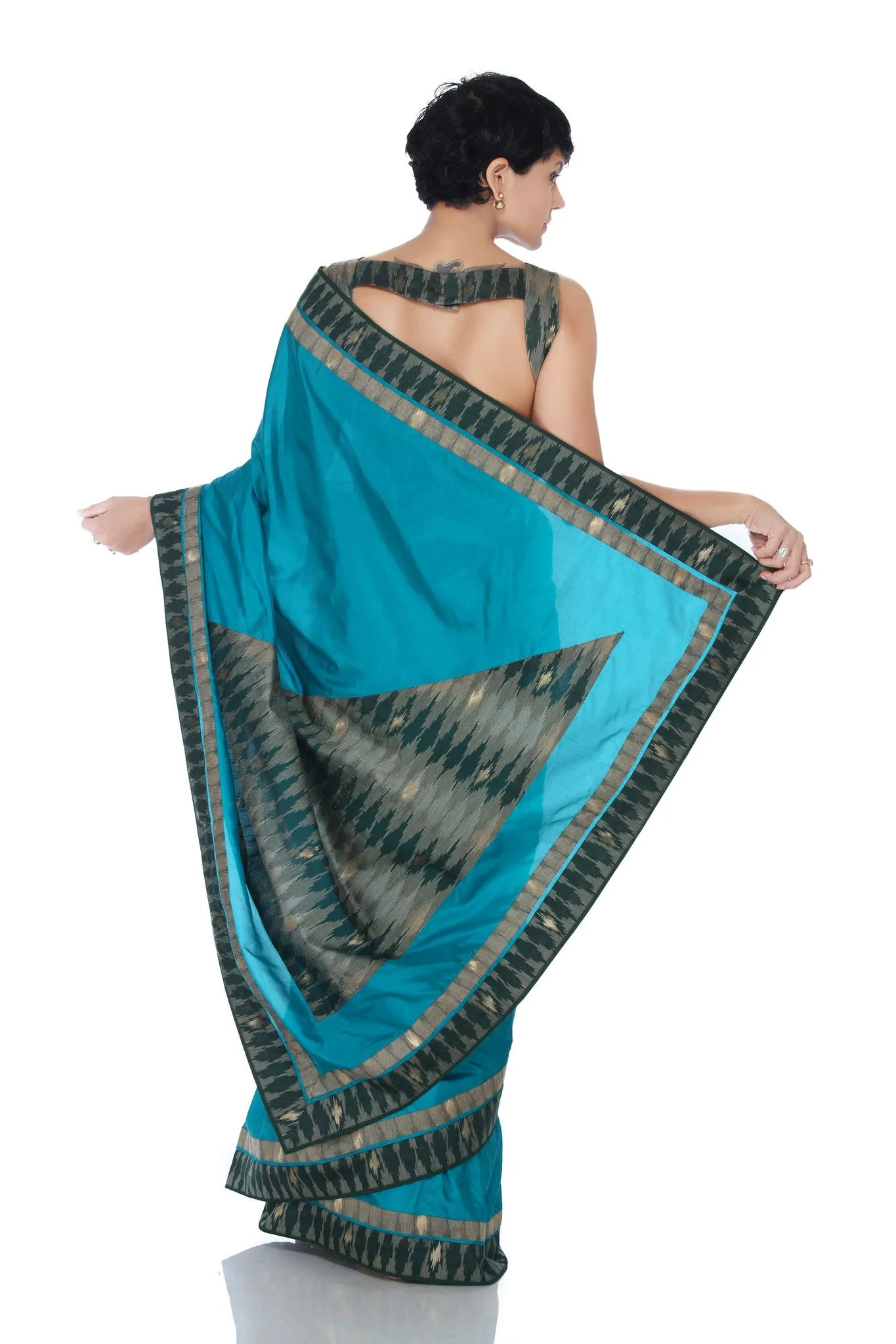 TEAL BLUE SAREE WITH IKAT BORDER