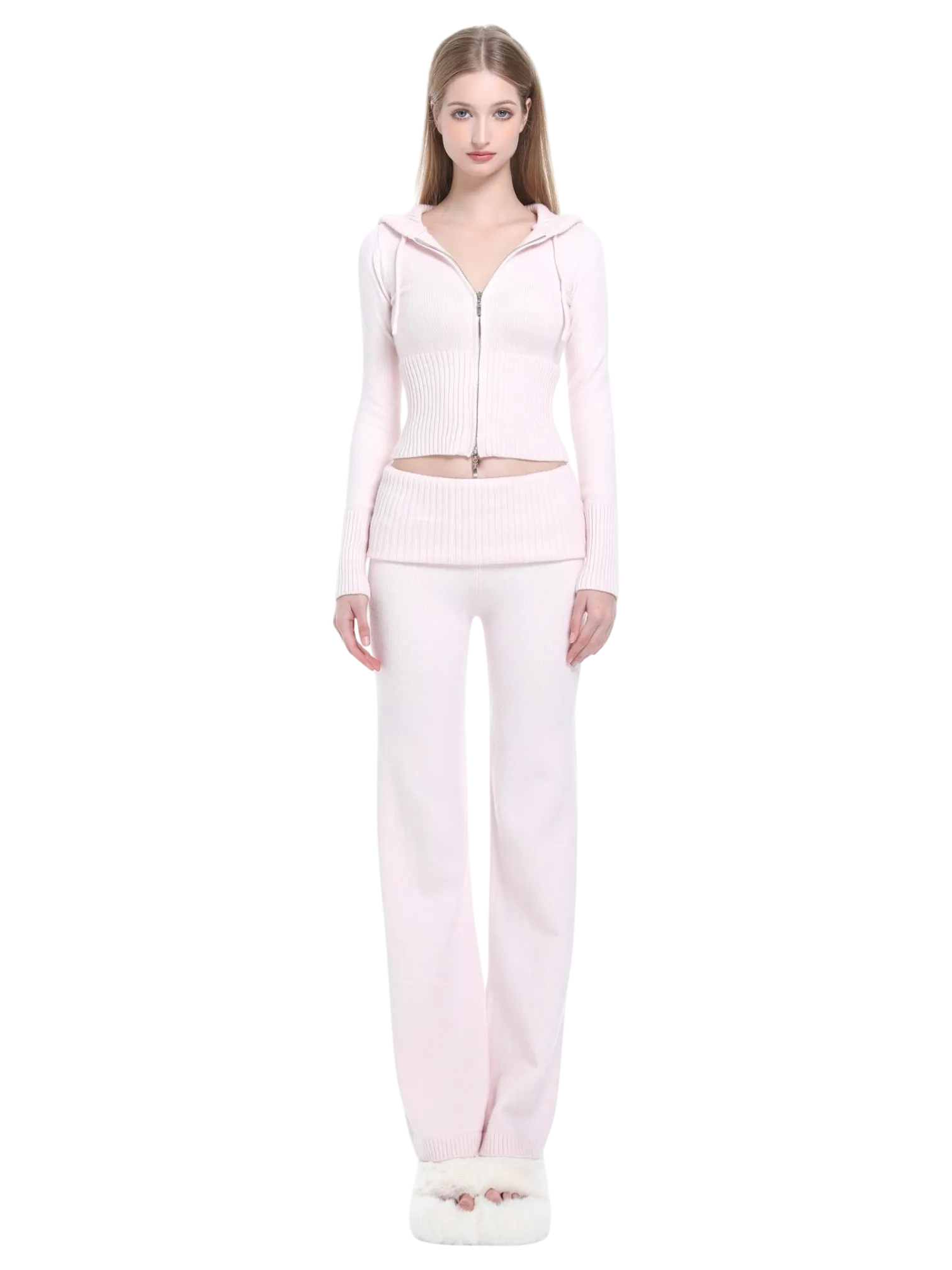 That Girl Rib Knit Slim Fit Zip Up Cardigan (Baby Pink)