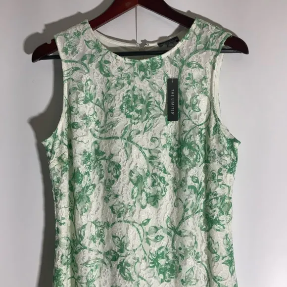 THE LIMITED Green Floral Lace Sleeveless Sheath Crew Neck Back Zip Dress Sz PM