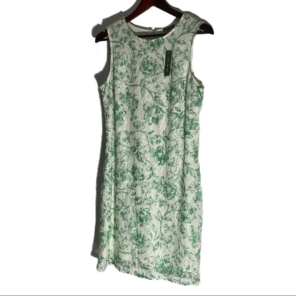 THE LIMITED Green Floral Lace Sleeveless Sheath Crew Neck Back Zip Dress Sz PM