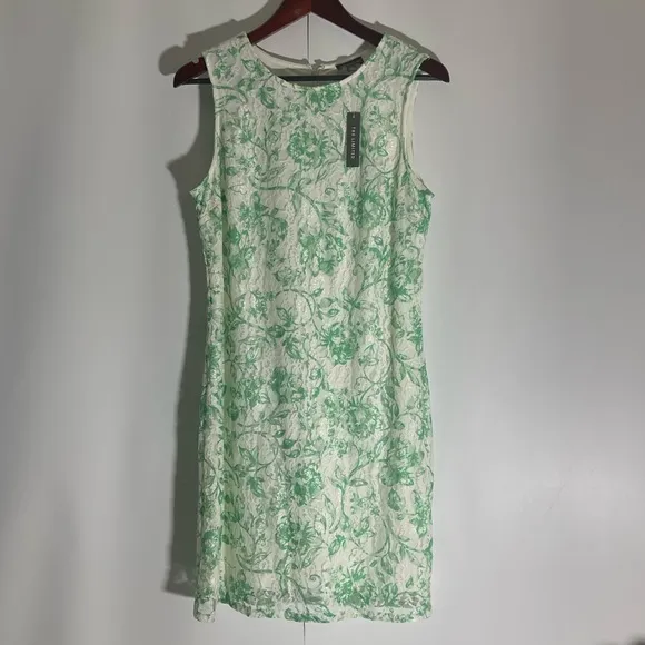 THE LIMITED Green Floral Lace Sleeveless Sheath Crew Neck Back Zip Dress Sz PM