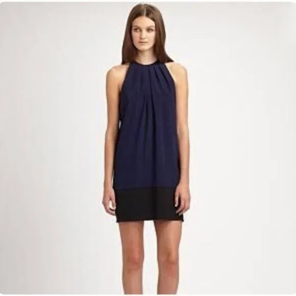 Theory Size 8 Charlaine Silk Colorblock Mini Shift Dress Navy Black Loose Fit