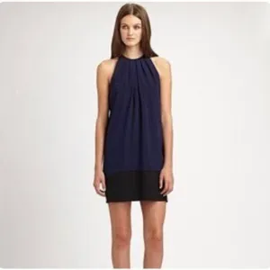 Theory Size 8 Charlaine Silk Colorblock Mini Shift Dress Navy Black Loose Fit