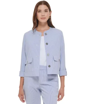 Tommy Hilfiger Womens Roll-Tab Seersucker Textured Stripe Blazer Jacket H23JS726