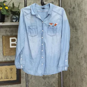Torrid Womens Plus Size Chambray Button Up Fox Shirt Top Light Blue 1X
