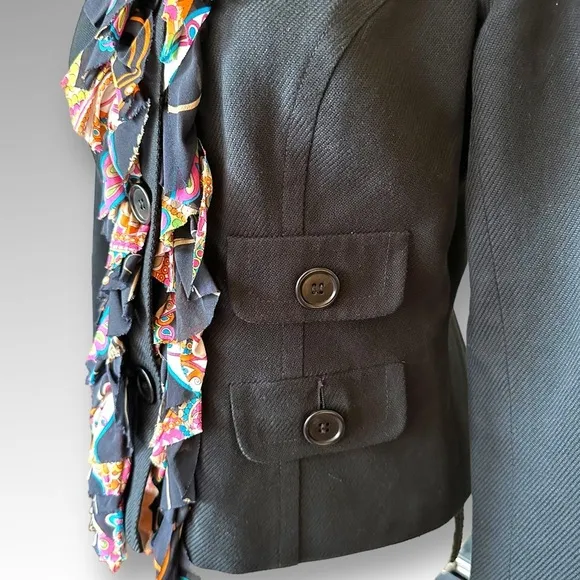 Trina Turk Black Floral Trim Ruffle Blazer Jacket Formal Business Casual Sz 8