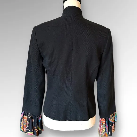 Trina Turk Black Floral Trim Ruffle Blazer Jacket Formal Business Casual Sz 8