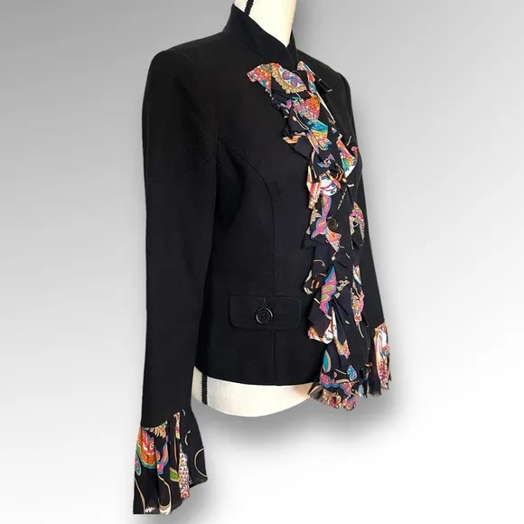 Trina Turk Black Floral Trim Ruffle Blazer Jacket Formal Business Casual Sz 8