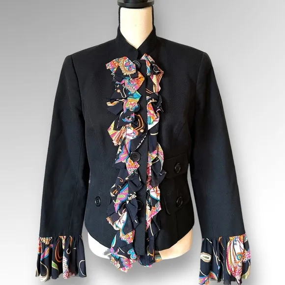 Trina Turk Black Floral Trim Ruffle Blazer Jacket Formal Business Casual Sz 8