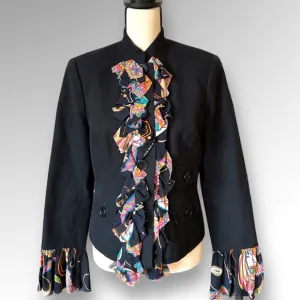 Trina Turk Black Floral Trim Ruffle Blazer Jacket Formal Business Casual Sz 8