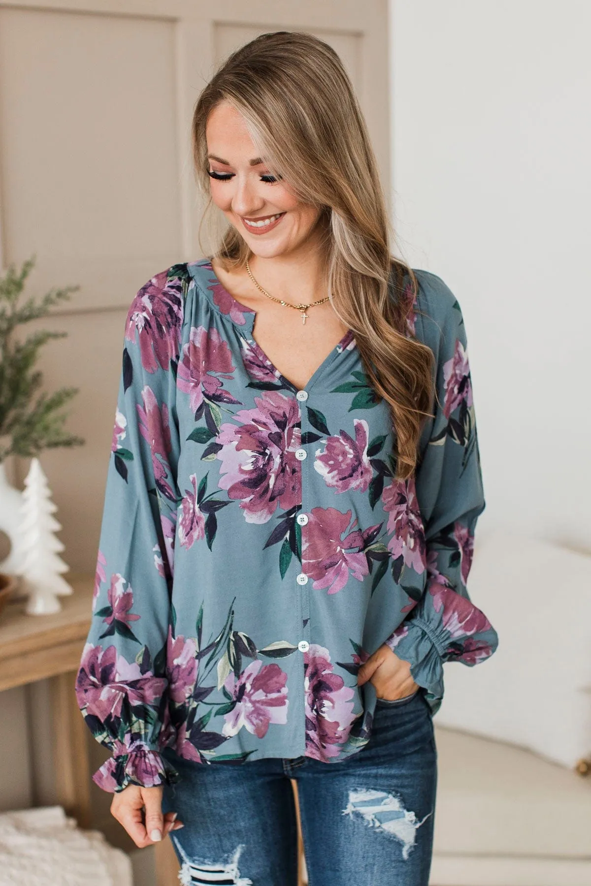 Trust The Process Floral Blouse- Denim & Lavender