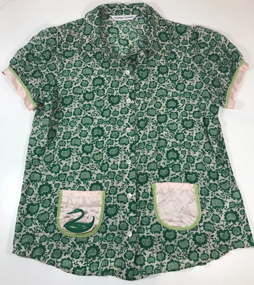 TSUMORI CHISATO Green Blouse w/ Silk Pockets & Trim Size 3
