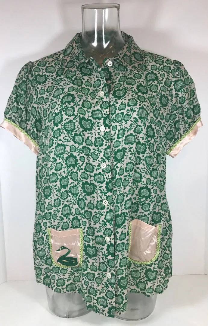TSUMORI CHISATO Green Blouse w/ Silk Pockets & Trim Size 3