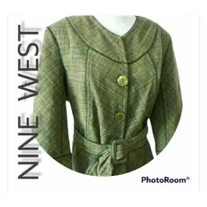 TWEED BLAZER BELTED TAILORED GREEN COAT WOOL BLEND WOMENS SZ 12