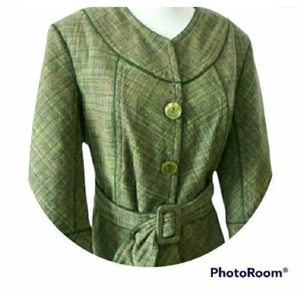 TWEED BLAZER BELTED TAILORED GREEN COAT WOOL BLEND WOMENS SZ 12