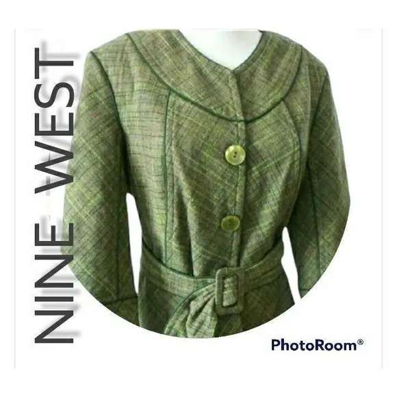 TWEED BLAZER BELTED TAILORED GREEN COAT WOOL BLEND WOMENS SZ 12