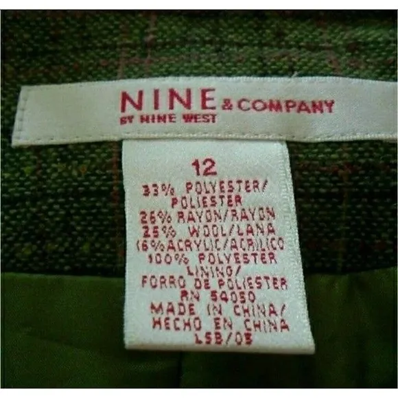 TWEED BLAZER BELTED TAILORED GREEN COAT WOOL BLEND WOMENS SZ 12