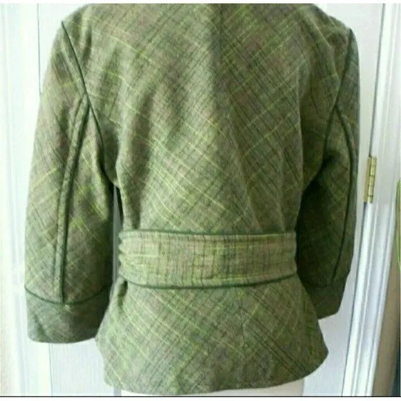 TWEED BLAZER BELTED TAILORED GREEN COAT WOOL BLEND WOMENS SZ 12