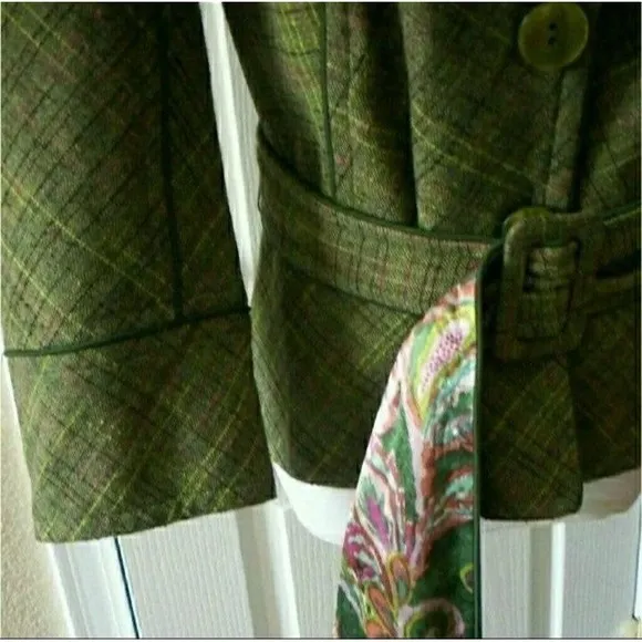 TWEED BLAZER BELTED TAILORED GREEN COAT WOOL BLEND WOMENS SZ 12