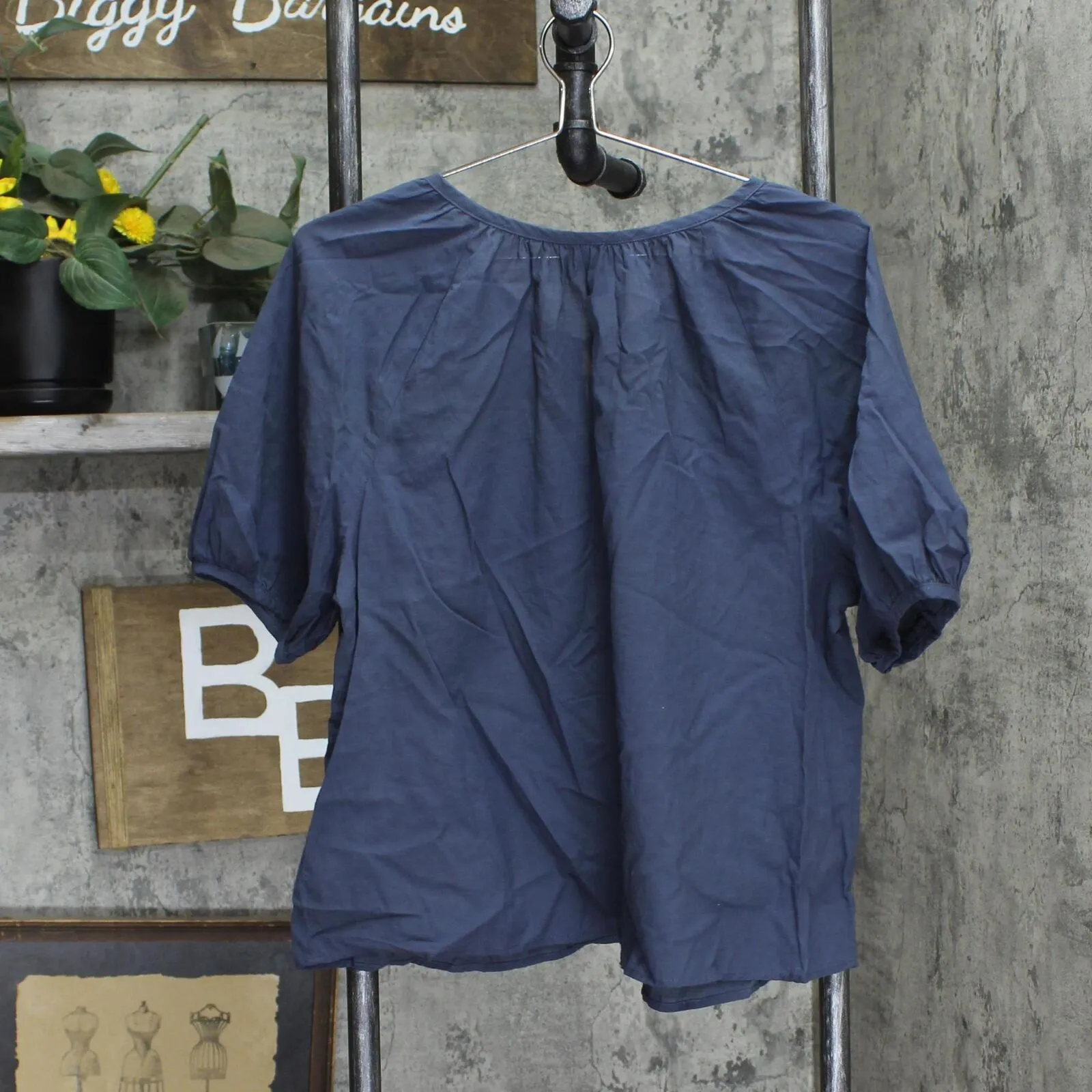 Universal Thread Puff Sleeve Woven Lightweight Button Up Blouse Shirt Top Blue M