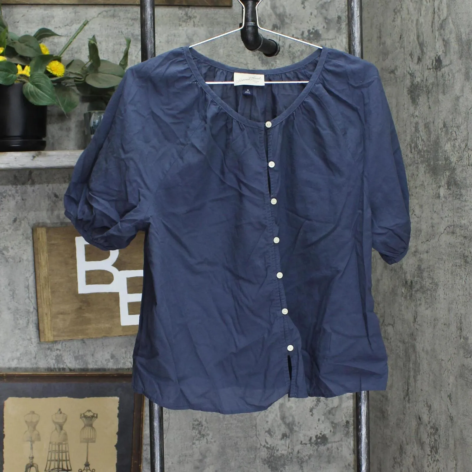 Universal Thread Puff Sleeve Woven Lightweight Button Up Blouse Shirt Top Blue M