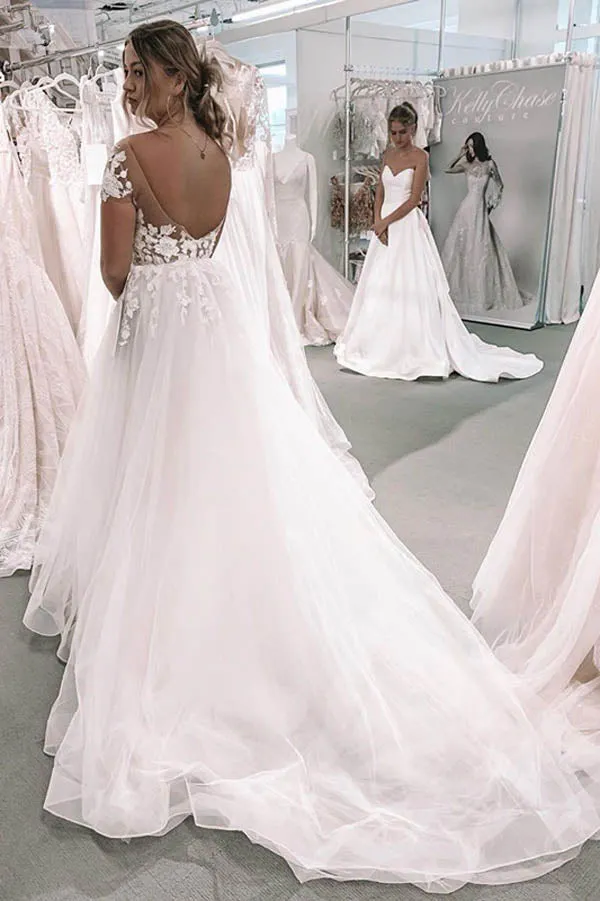 V-neck Ball Gown Wedding Dress with Short Sleeves Backless Appliqued Bridal Gown,MW464
